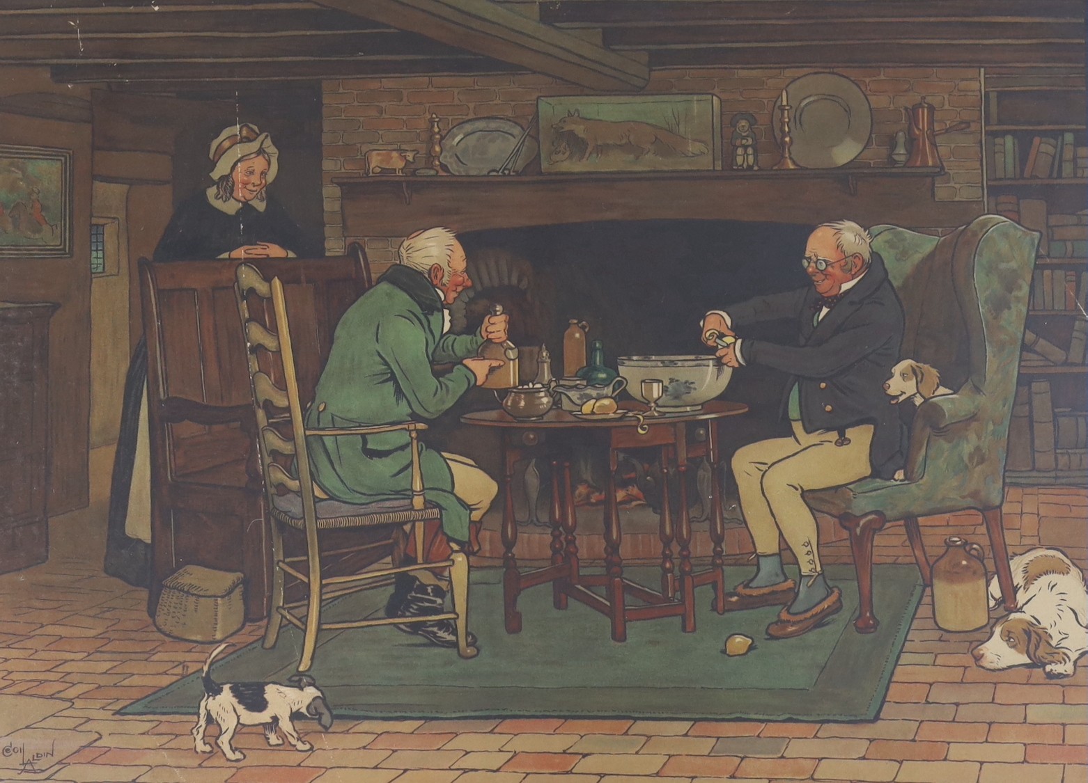 Cecil Aldin (1870-1935), two colour prints, 'The Connoisseurs' and Toasting the hearth, overall 55 x 74cm and 38 x 39cm
